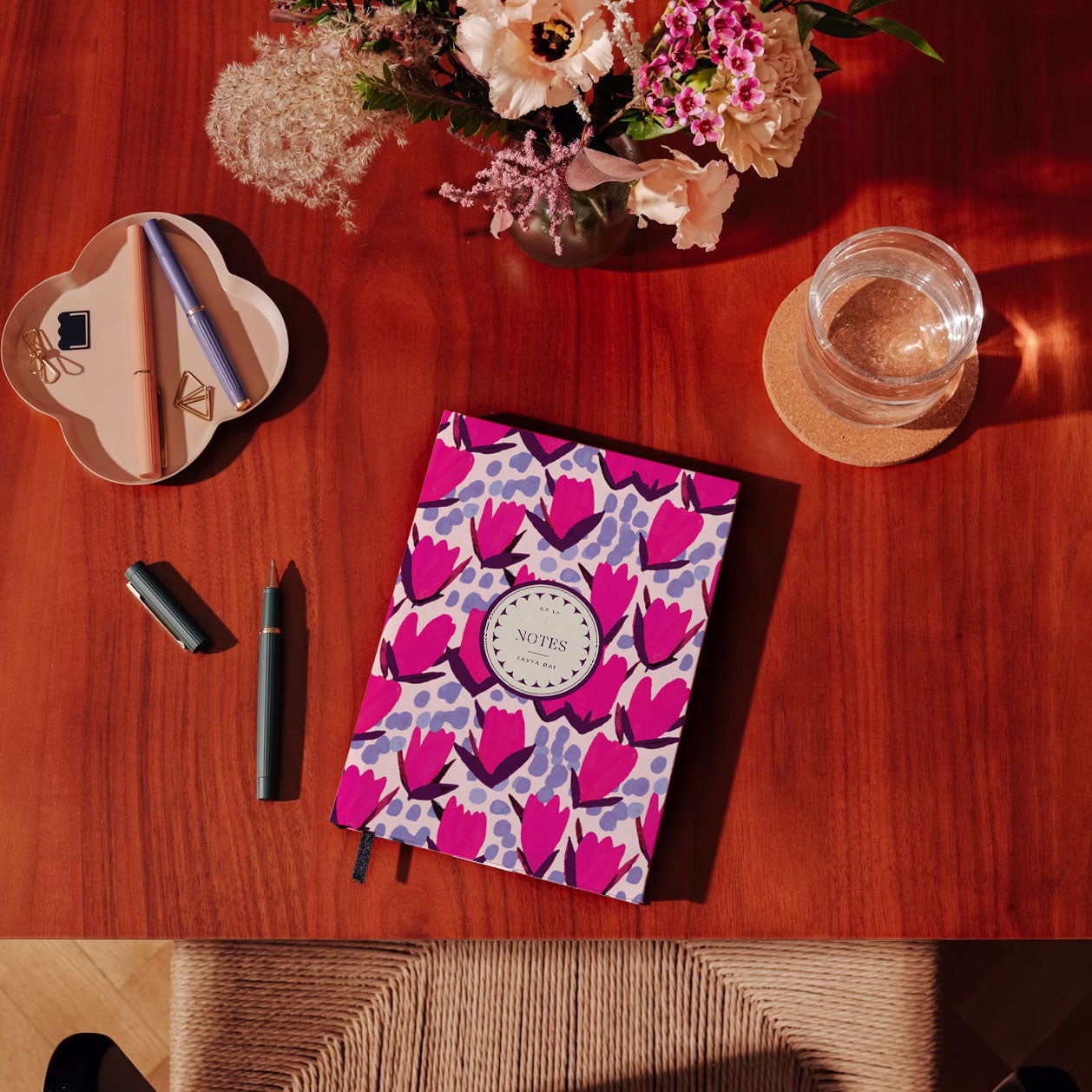 Tulips, Floral, floral illustration, pink flowers,  Hand drawn ribbons, Pink Ribbons, Ribbons Notebook, Journal, Graphic Notebook, Typography Notebook, Plain Notebook, Ruled Notebook, Dotted Notebook, Bullet Journal, Personalised Notebook, Custom Notebook